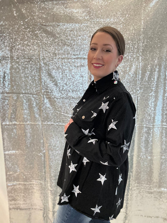 woman wearing a Star Denim Shirt with casual jeans.