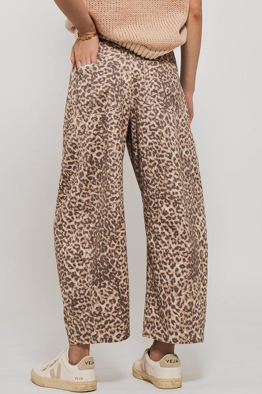 Leopard print barrel jeans
