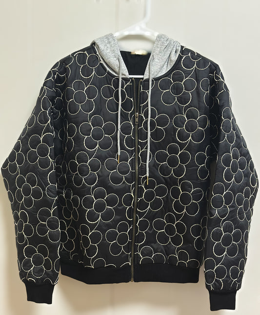 Floral Embroidered Contrast Hooded Jacket