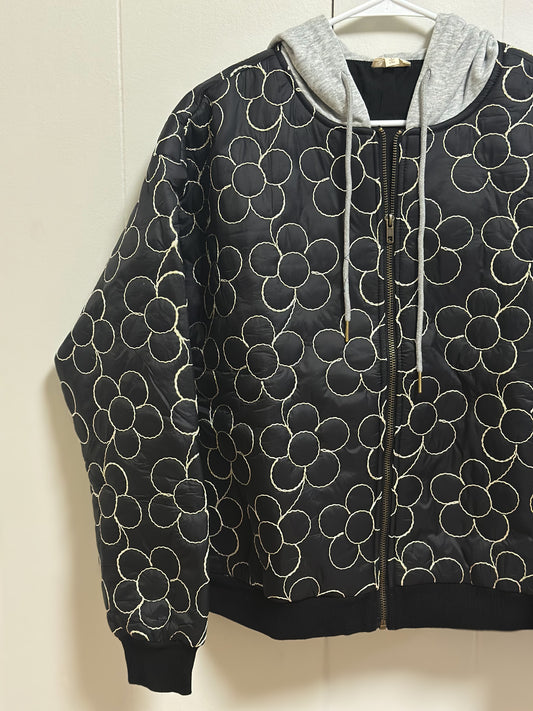 Floral Embroidered Contrast Hooded Jacket