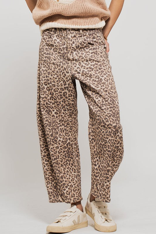 Leopard print barrel jeans