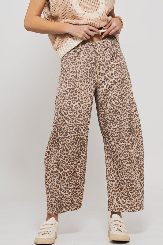 Leopard print barrel jeans