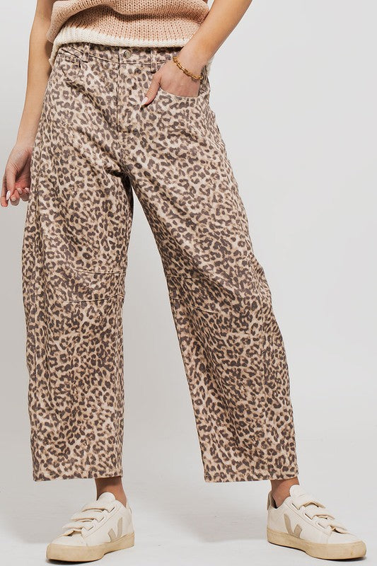 Leopard print barrel jeans